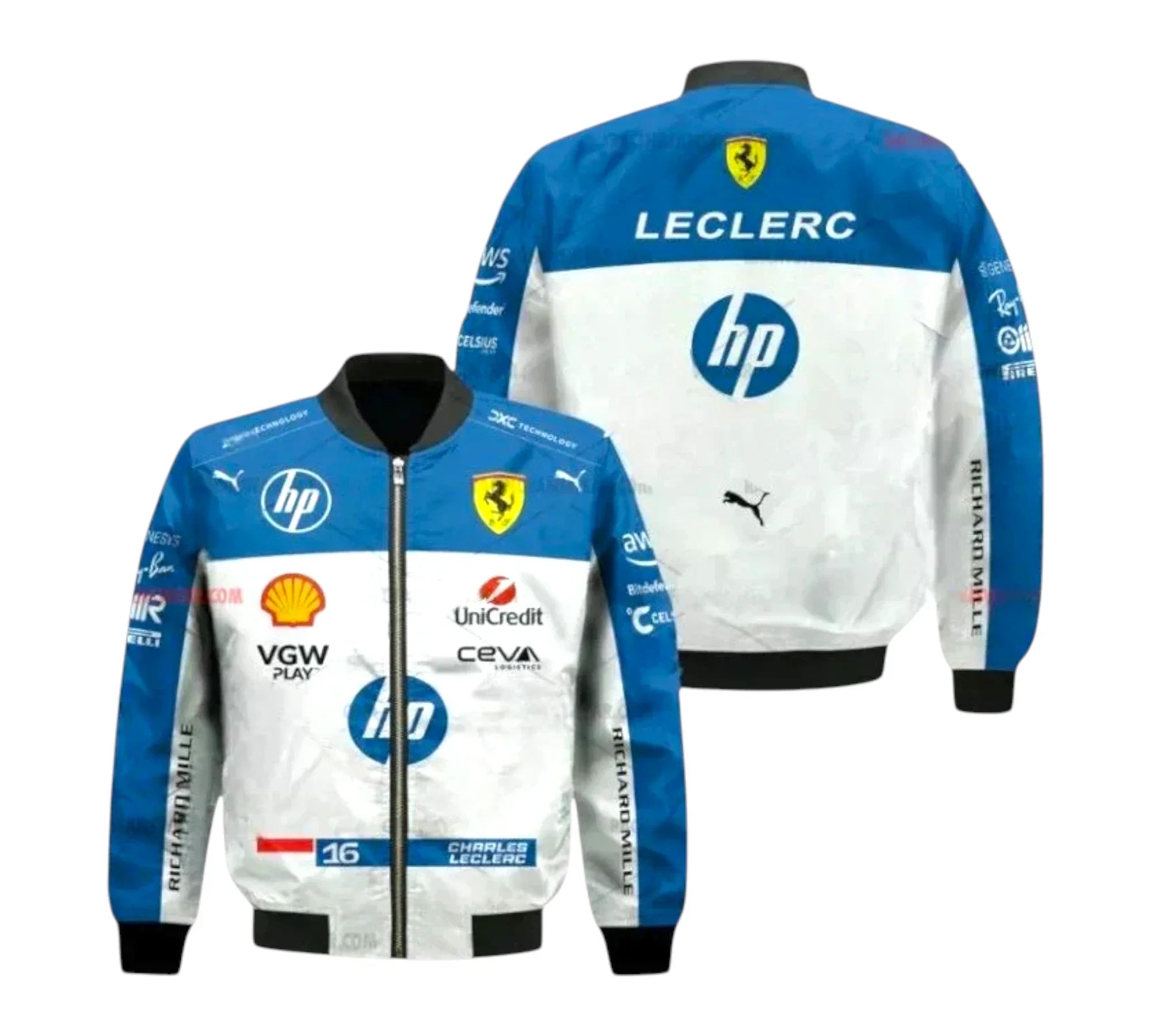 Blue and white jacket with various logos on a white background