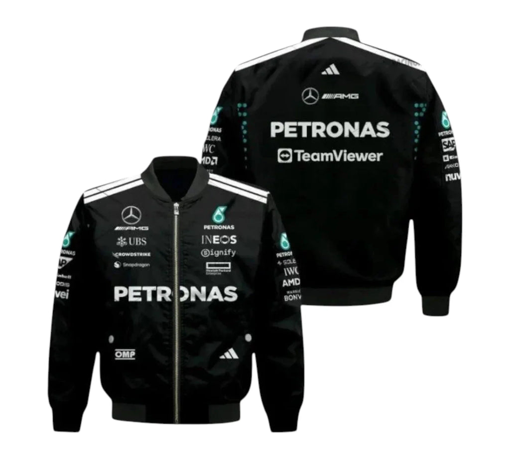 Black jacket with various sponsor logos on a white background