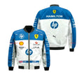 Blue and white racing jacket with various logos on a white background