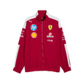 Dark cherry oversized track jacket with front zipper, stand collar, and white side panels