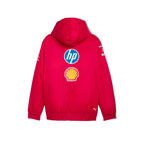 Red reversible team jacket with hood, HP and Shell logos on back