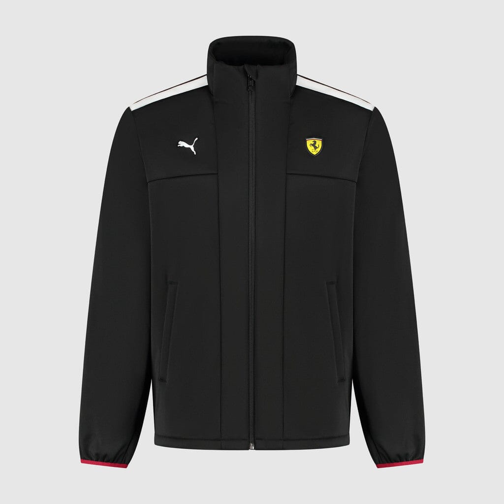 Men's softshell jacket, black, full-zip, stand collar, Ferrari badge and PUMA logo.