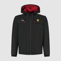 Men's rain jacket, black with hood, central zip, chest Puma and Ferrari logos
