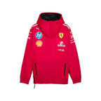 Red reversible team jacket with hood, zip front, Ferrari shield and HP logo