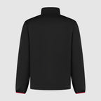 Men's softshell jacket, black, full-zip, stand collar, back view.