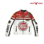 Lucky Strike Leather Jacket in Red and White Endless Racegear