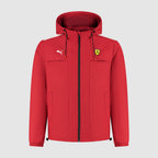 Men's rain jacket, red with black zip, hood and chest logos, two front pockets