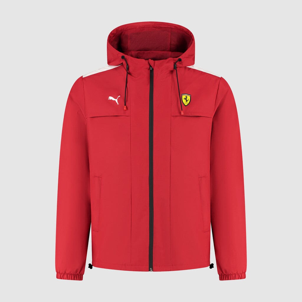Men's rain jacket, red with black zip, hood and chest logos, two front pockets