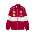 Red and white vintage racing jacket with front zipper and team logos on chest and sleeves
