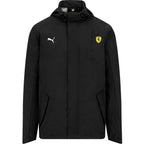 Men's rain jacket in black with hood and front zipper; Ferrari shield, PUMA logo.