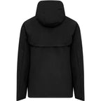 Men's rain jacket in black with attached hood; long sleeves, full back view.
