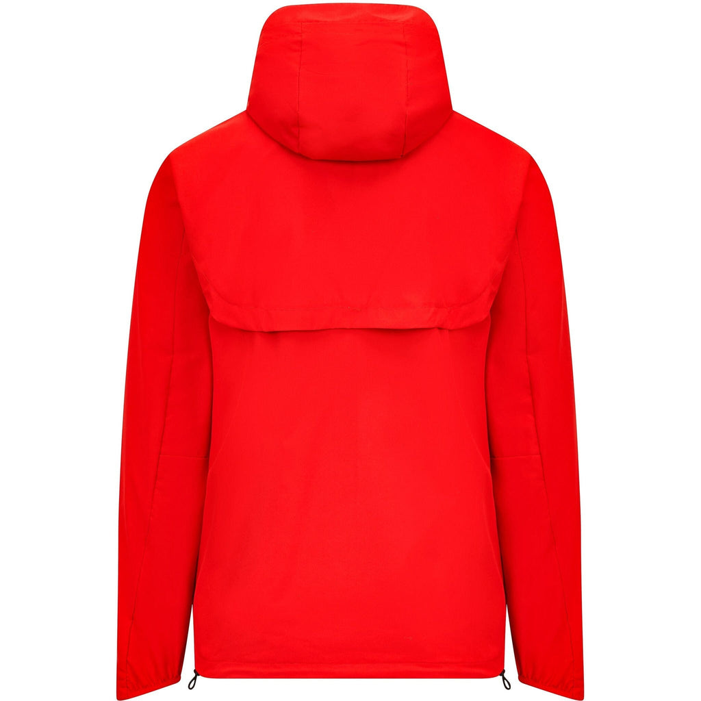 Men's rain jacket in red with attached hood; long sleeves, full back view.