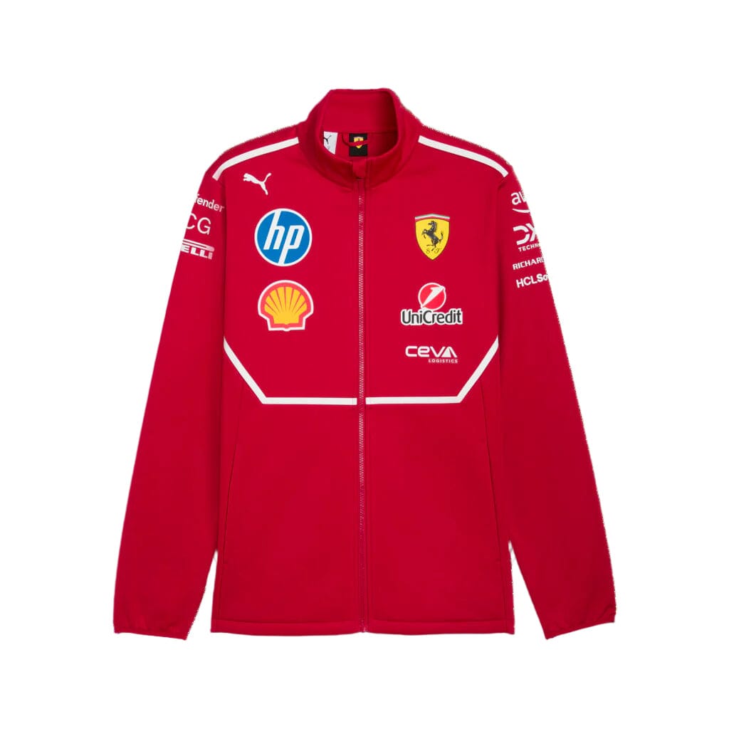 Red softshell jacket with full zipper, high collar, and white shoulder stripes