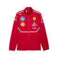 Red softshell jacket with full zipper, high collar, and white shoulder stripes
