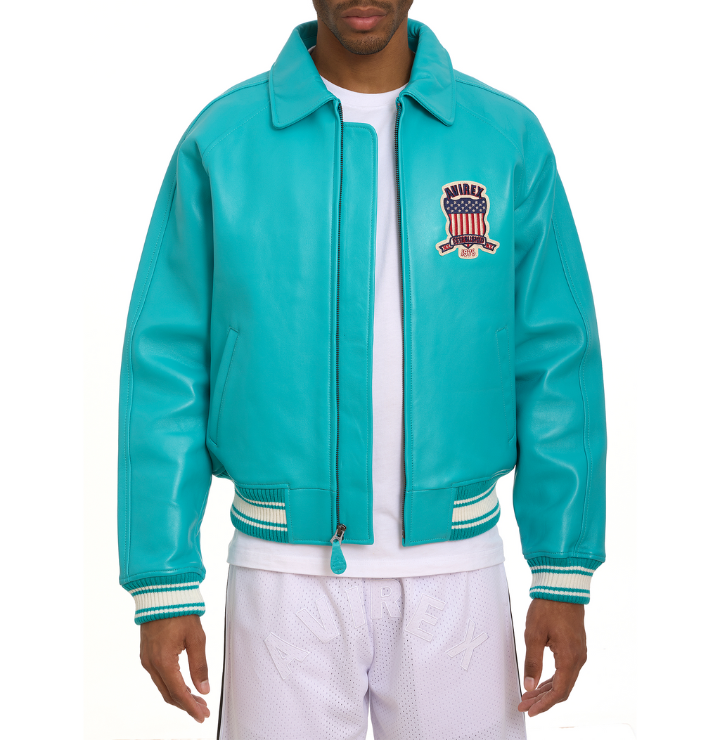 Shop Best High Sale Avirex Fashion Aviator Bomber Turquoise Leather Jackets For Sale rfxleatherofficial