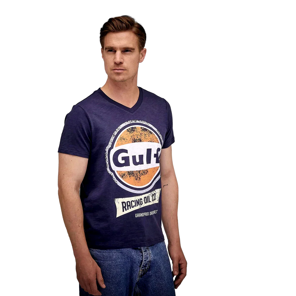 GrandPrix Originals Men's Gulf Vintage Racing Oil V-Neck T-Shirt - Navy GrandPrix Originals USA
