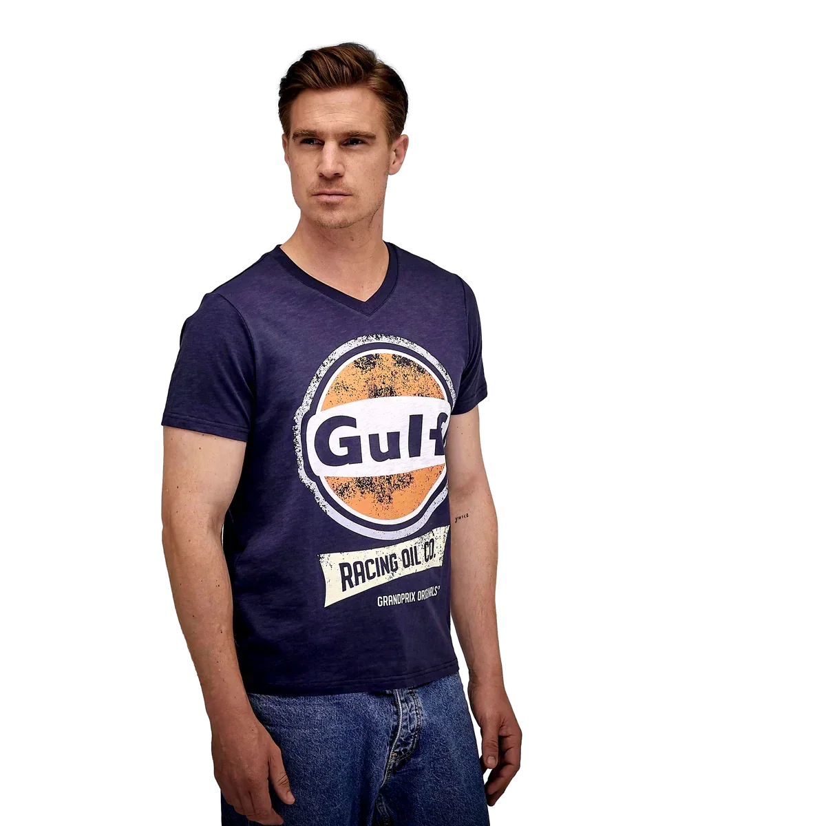 GrandPrix Originals Men's Gulf Vintage Racing Oil V-Neck T-Shirt - Navy GrandPrix Originals USA
