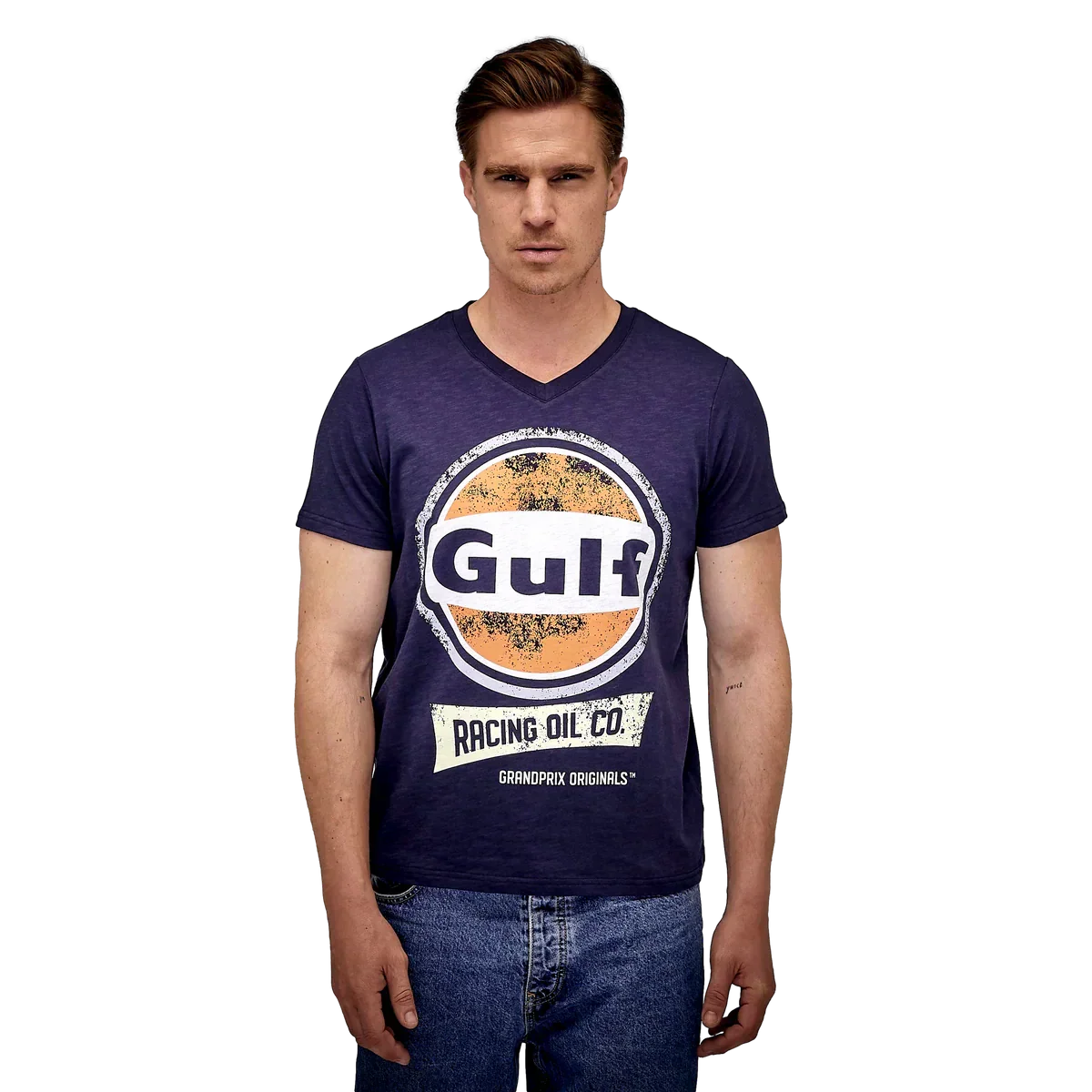 GrandPrix Originals Men's Gulf Vintage Racing Oil V-Neck T-Shirt - Navy GrandPrix Originals USA