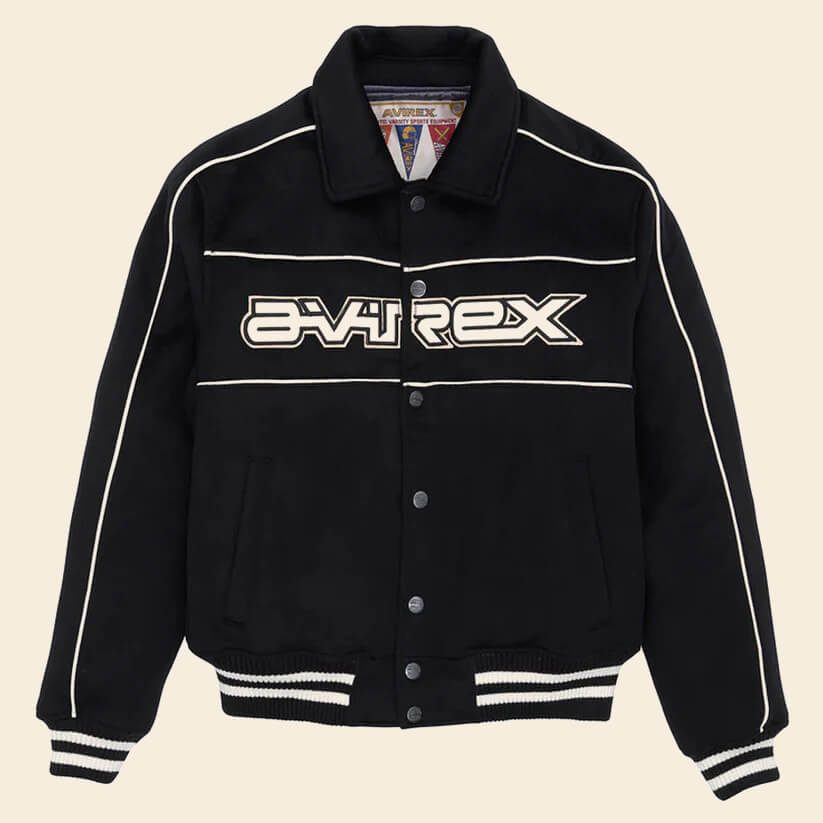 Men Black Woolrider Avirex Leather Letterman Jacket 3A MOTO LEATHER