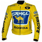Mens Honda Camel Racing Motorcycle Yellow Leather Jacket 3A MOTO LEATHER