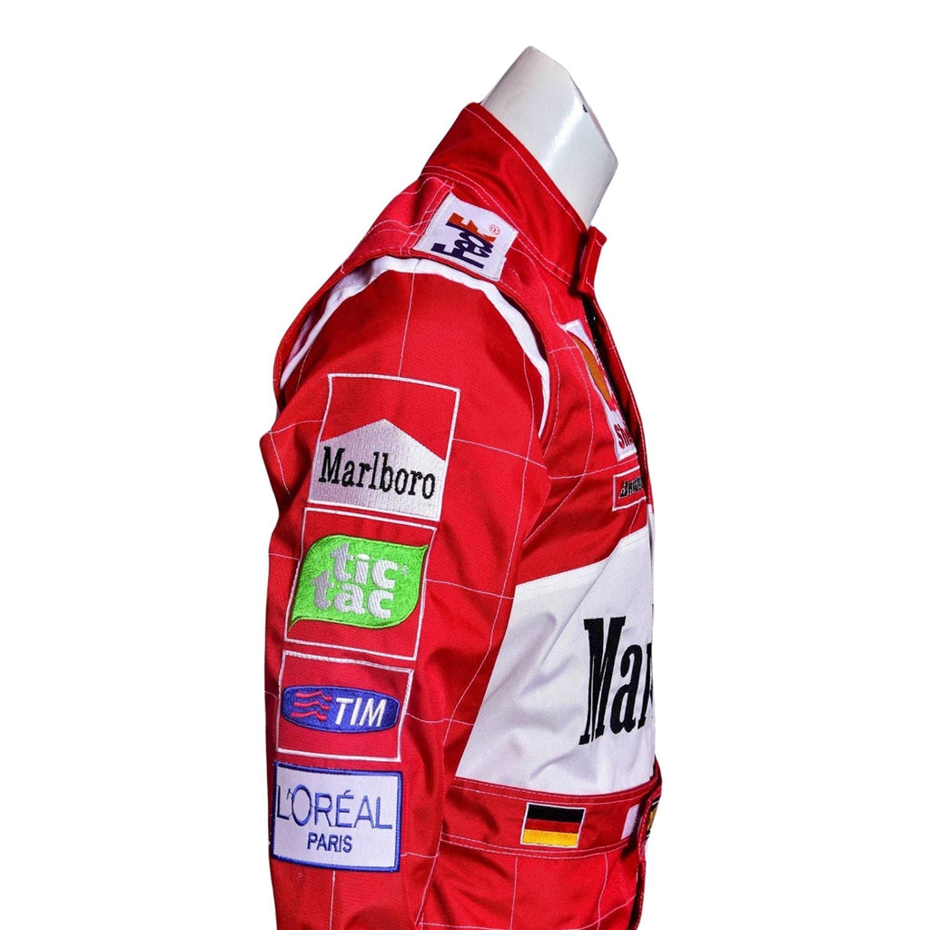 Red racing suit sleeve and side panel view with sponsor patches
