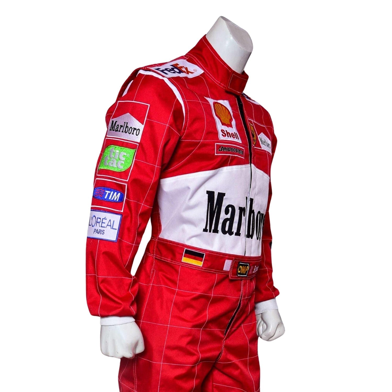 Red racing suit back view with large white panel and belt details