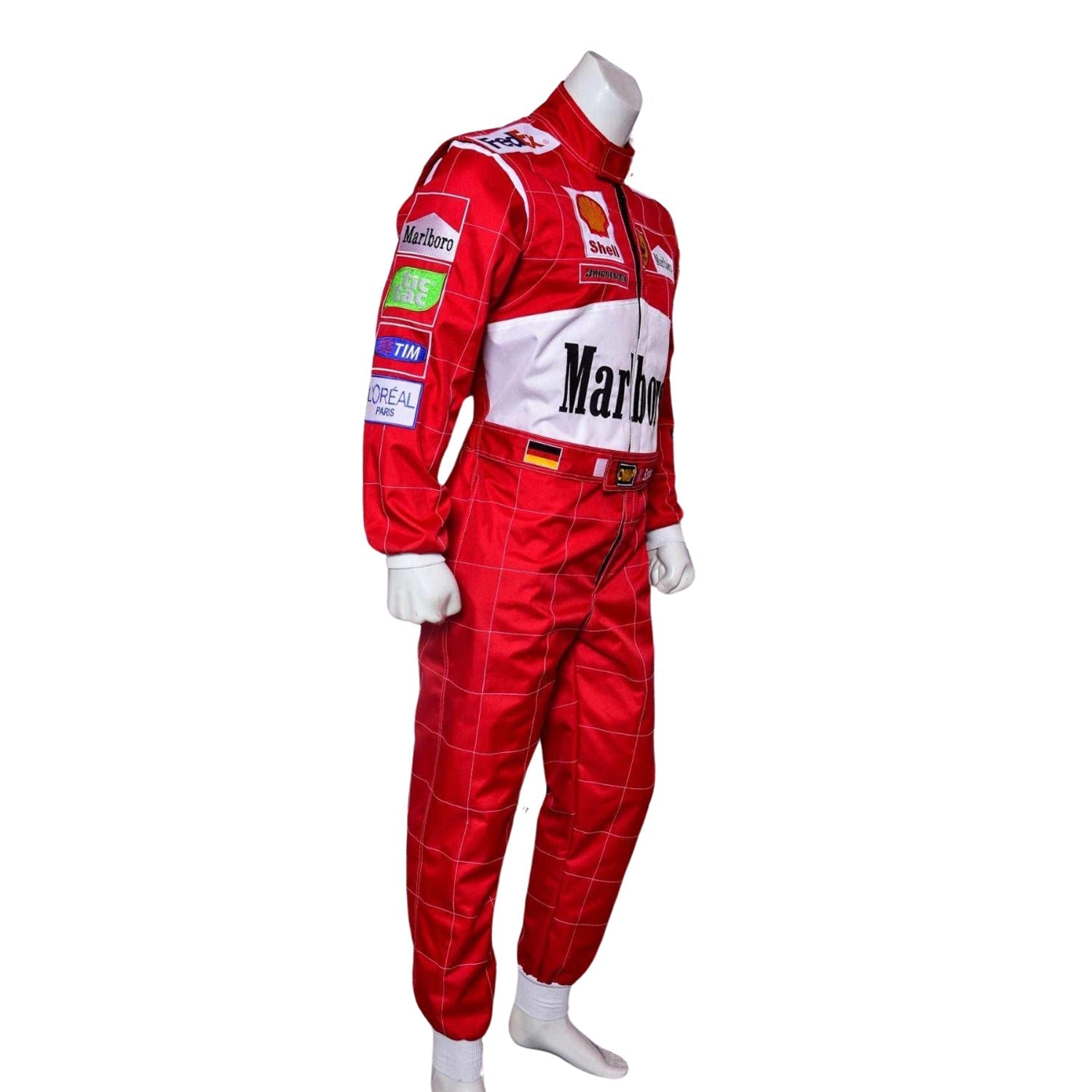Red racing suit full-body side view with white trim and sponsor patches