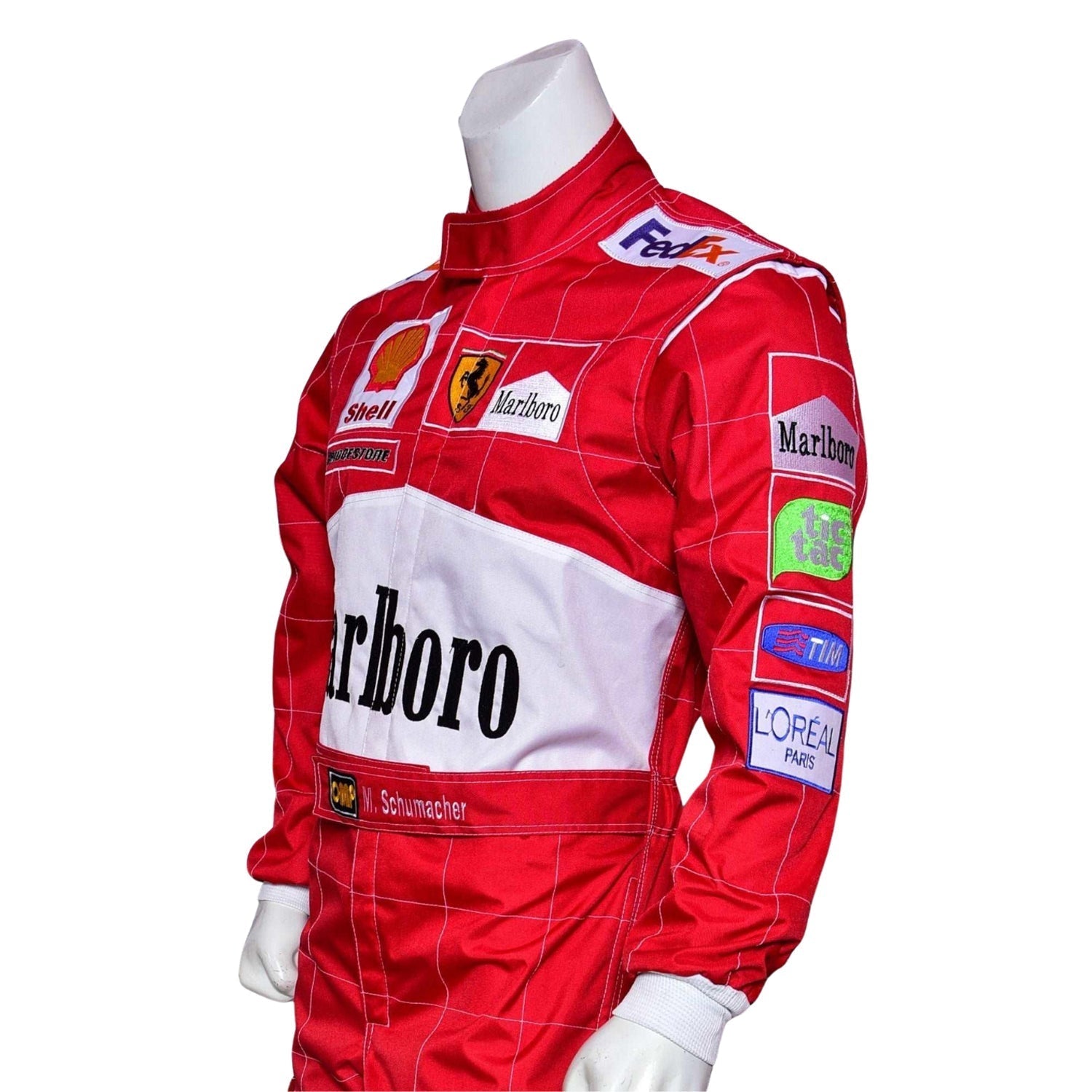 Red racing suit close-up from back-left with white side stripe and patches