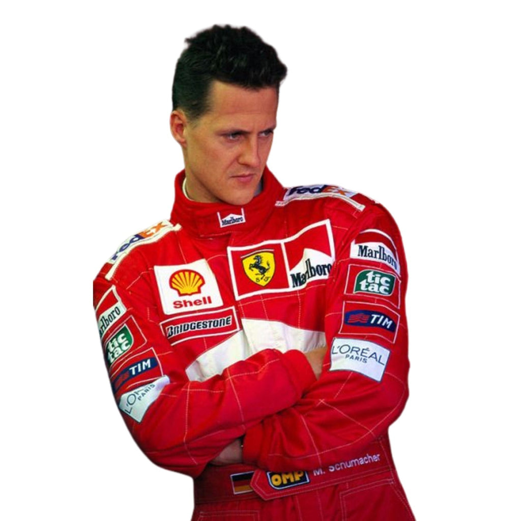 Red racing suit close-up with sponsor patches and white stripe across chest