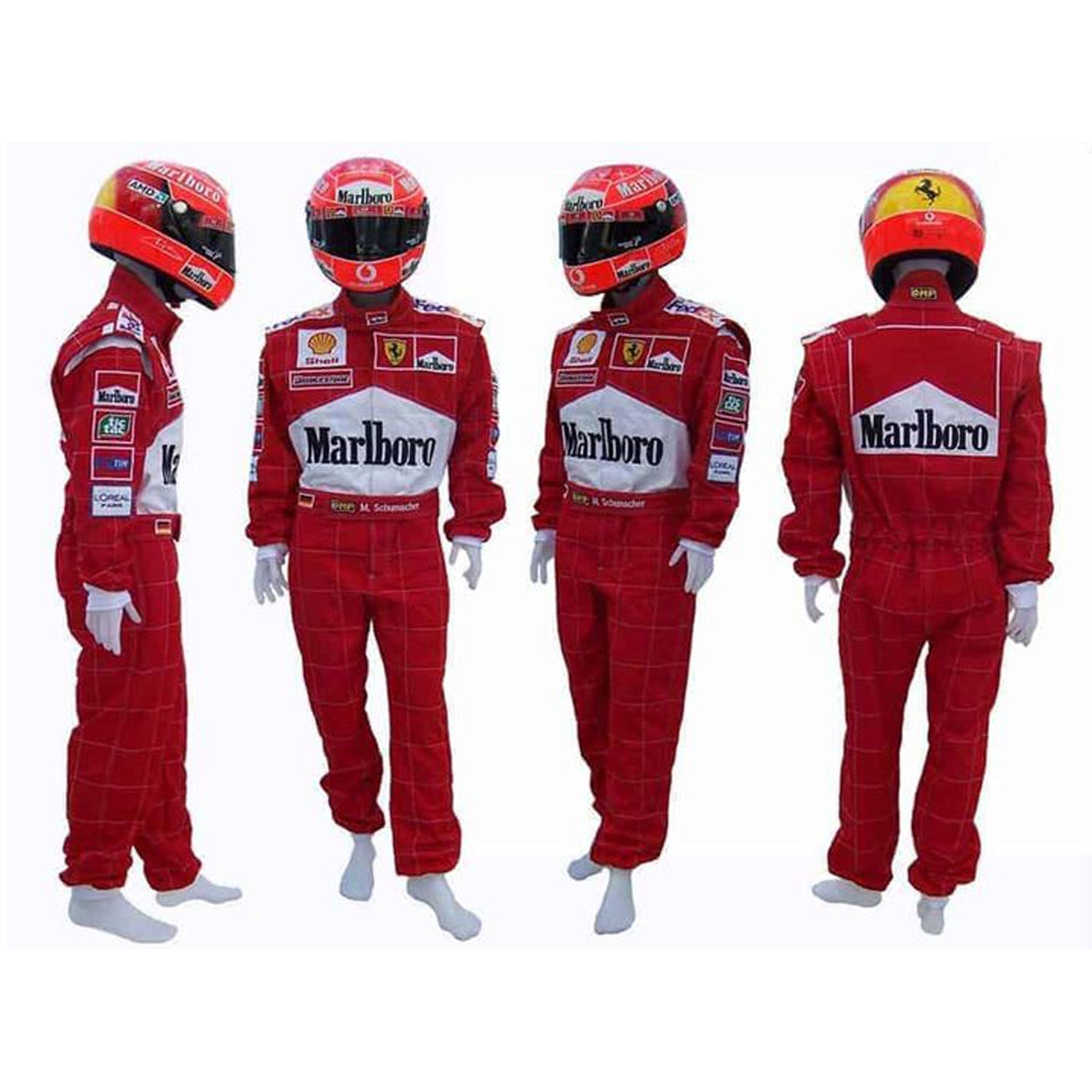 Red racing suit with matching helmet, multi-angle view