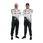 Two individuals wearing racing suits with visible branding on a white background