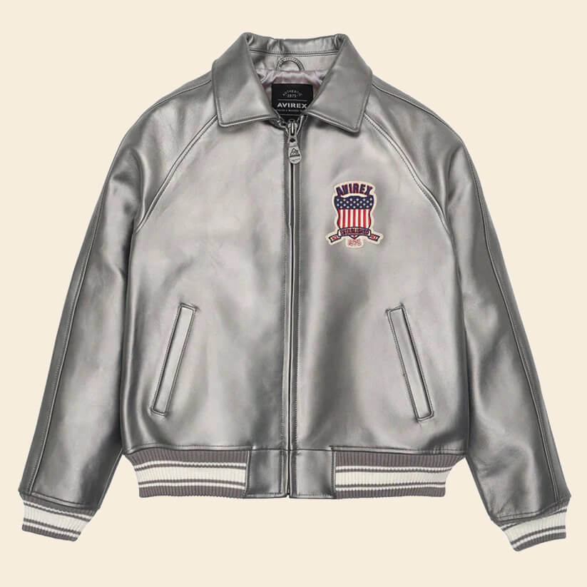 New Metallic Silver Letterman Bomber Avirex Jacket For Men 3A MOTO LEATHER