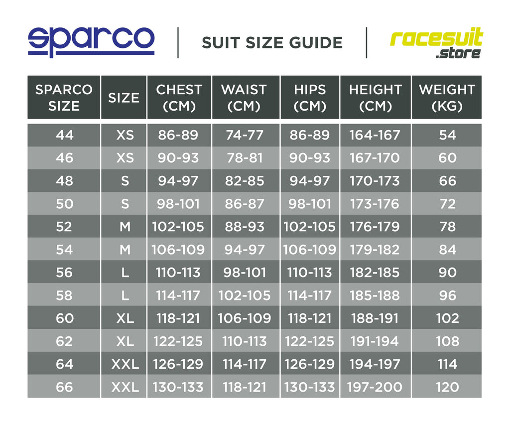 Sparco race suit size chart reference Endless Racegear