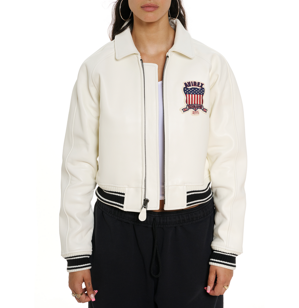 Shop Best High Quality Fashion Bomber Style Snow White Avirex Cropped Icon Jackets rfxleatherofficial