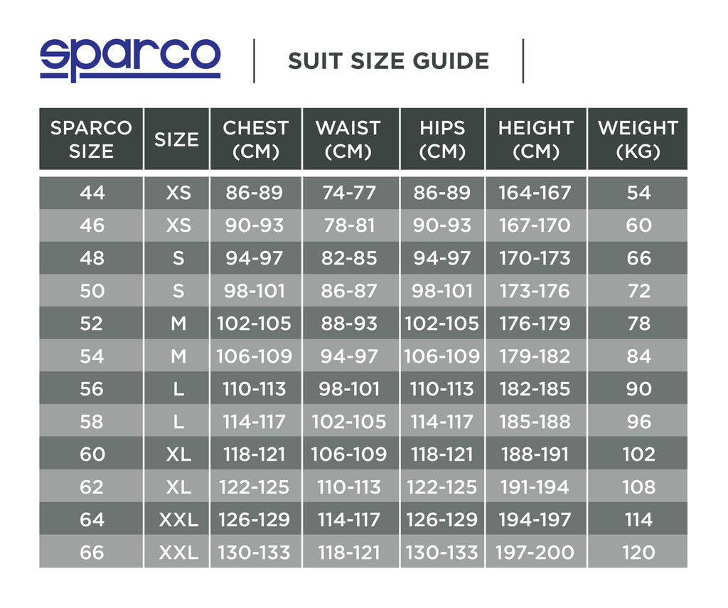 Sparco race suit size chart reference Endless Racegear