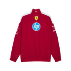 Dark cherry track jacket with stand collar, front logos, and white shoulder stripe detail