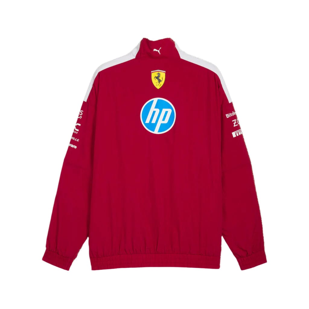 Dark cherry track jacket with stand collar, front logos, and white shoulder stripe detail
