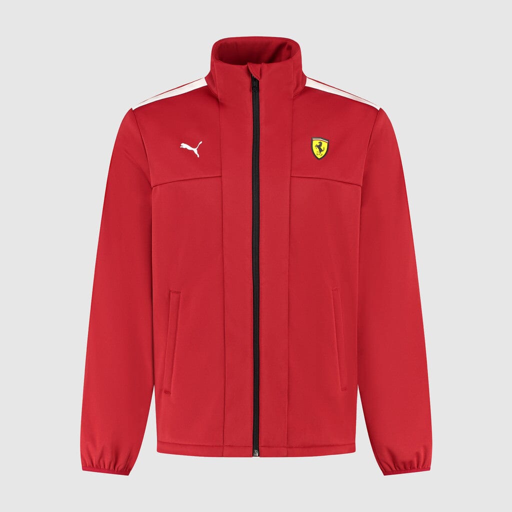 Men's softshell jacket, red, full-zip, stand collar, Ferrari badge and PUMA logo.
