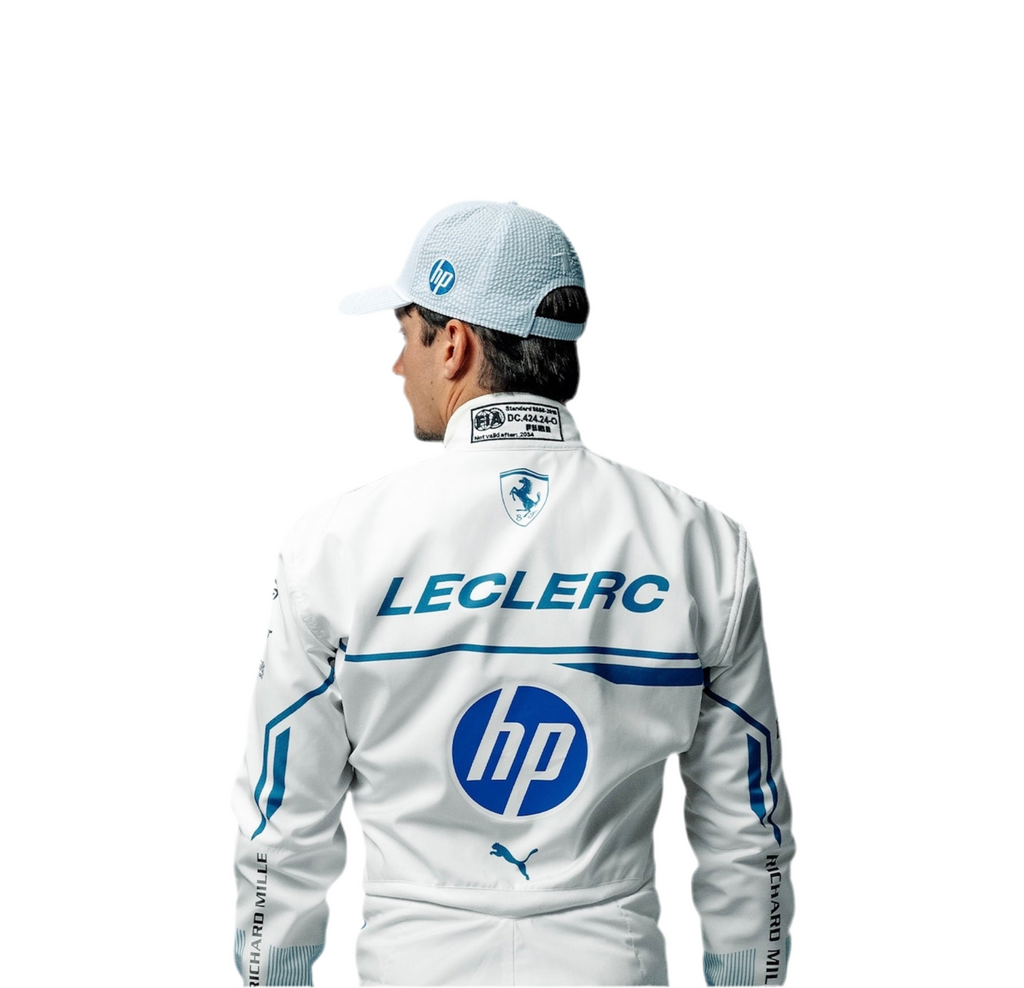 Endless Racegear Charles Leclerc Monaco GP race suit replica white back view with HP and Leclerc logos