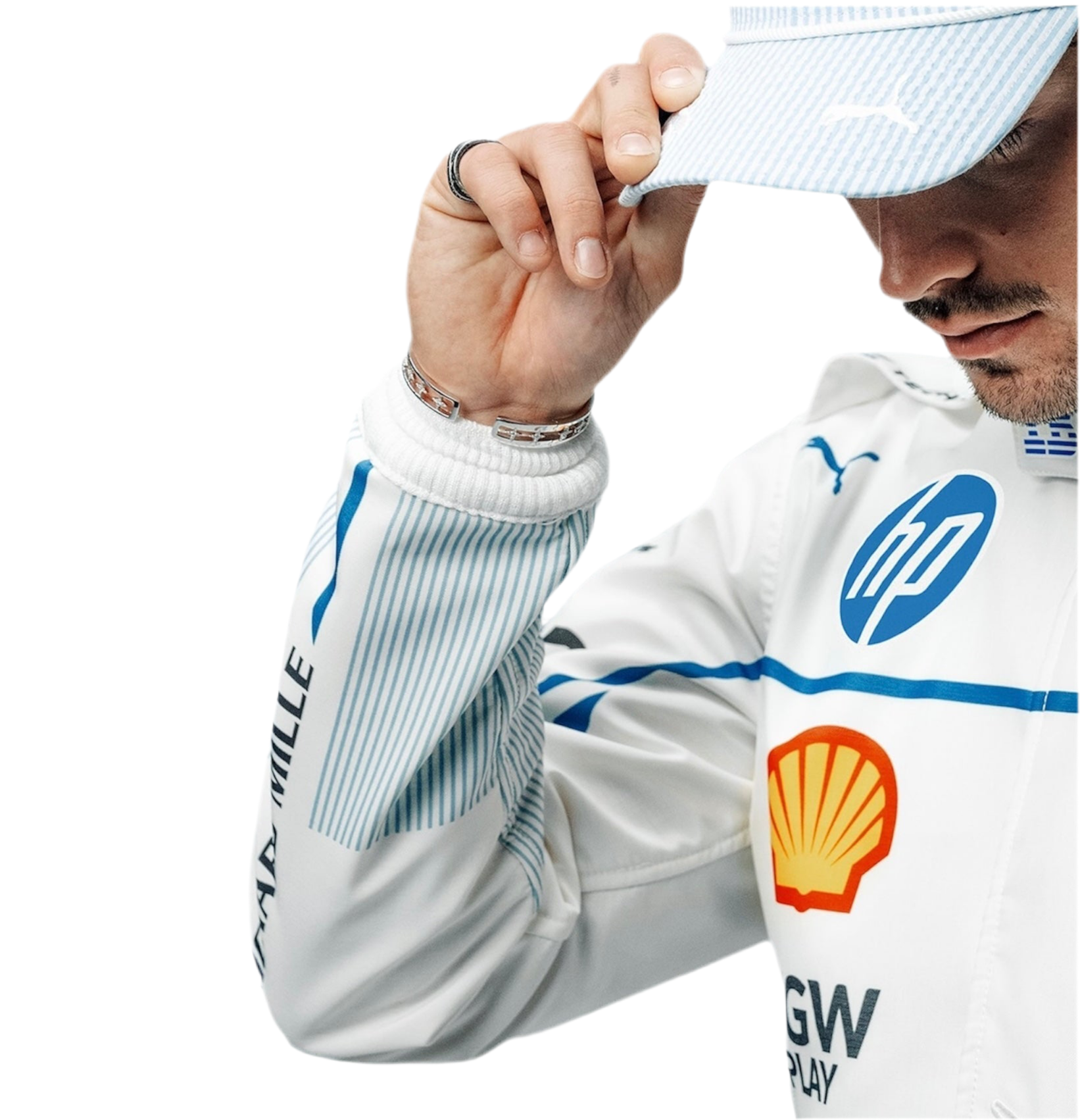 Endless Racegear Charles Leclerc Monaco GP race suit replica white racing suit close up with Shell and HP logos