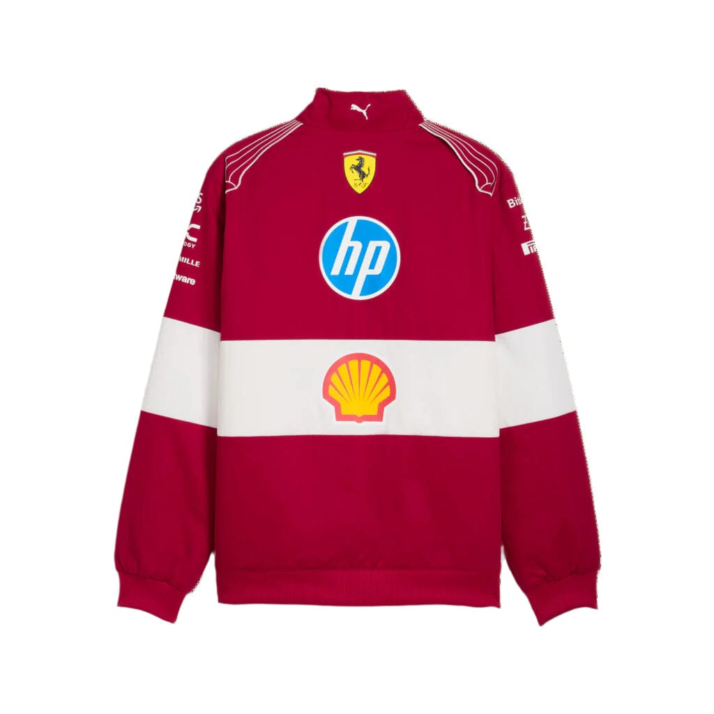 Red vintage racing jacket with white stripe band, high collar, front zipper, large chest logos