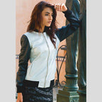 Women’s Black & White Leather Bomber Jacket 3A MOTO LEATHER
