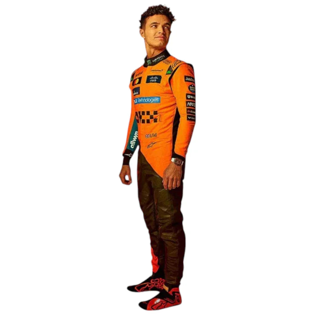 2025 Oscar Piastri McLaren F1 racing suit full body orange and black suit with sponsor logos by Endless Racegear