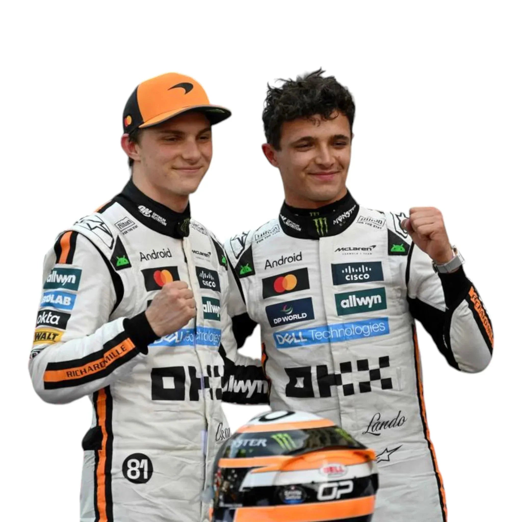 Endless Racegear white orange race suit with sponsor patches and matching helmet for Monaco GP fans