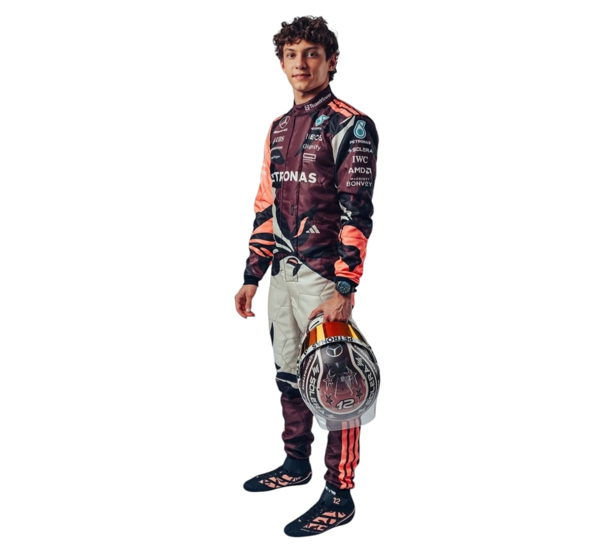 Endless Racegear Andrea Kimi Antonelli Miami GP race suit. Maroon and pink racing suit with sponsor logos and helmet