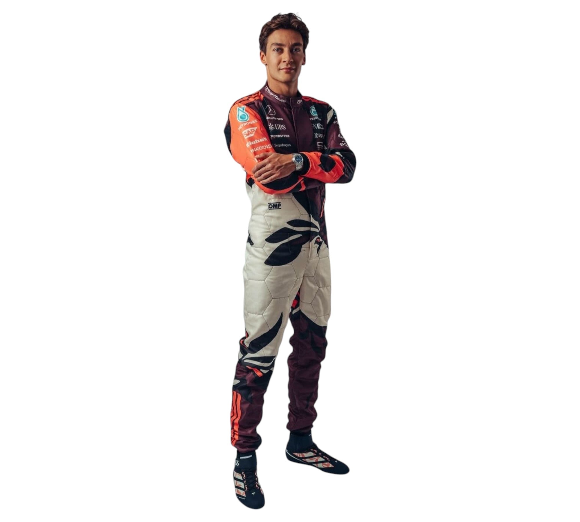 Endless Racegear Andrea Kimi Antonelli Miami GP race suit full body maroon and white racing suit standing with arms crossed