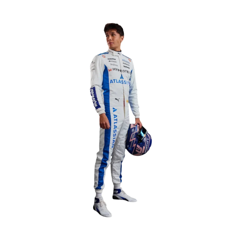 Endless Racegear Alexander Albon 2025 replica race suit white and blue standing model holding helmet