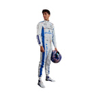 Endless Racegear Alexander Albon 2025 replica race suit white and blue standing model holding helmet