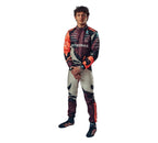 Endless Racegear George Russell 2025 F1 racing suit displayed on a male model full body maroon and orange suit