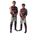 George Russell 2025 F1 racing suit Endless Racegear two drivers in maroon and orange fireproof race suits
